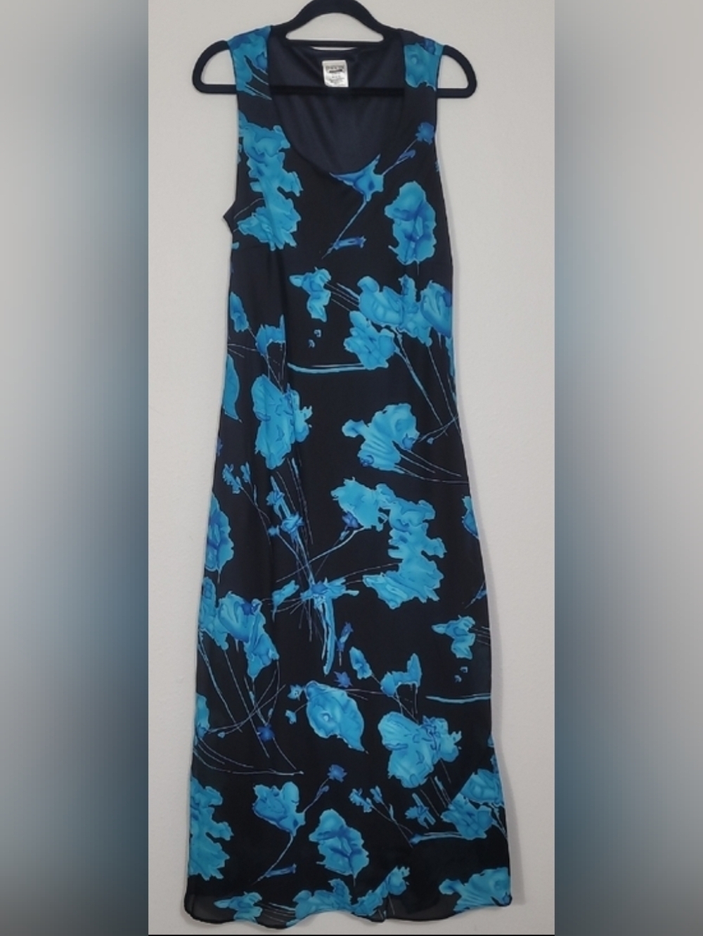 Y2K Premier International Floral Maxi Dress Size M Blue Black Sleeveless Cottage
